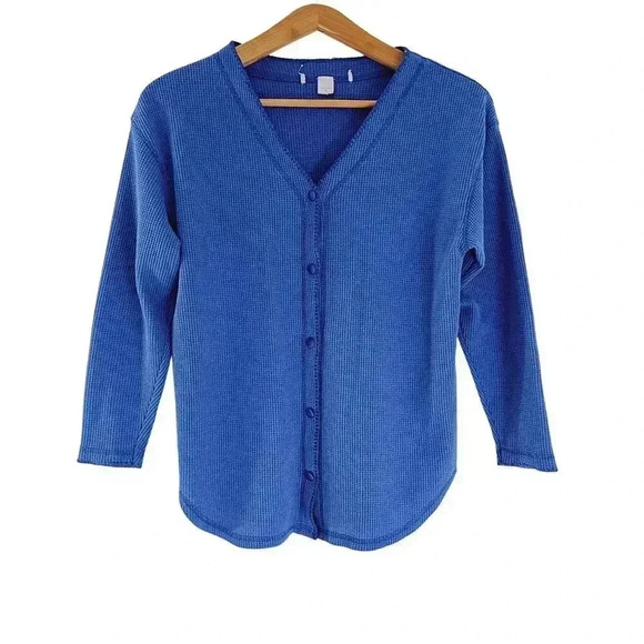 Blue Button Down Waffle Long Sleeve Shirt Women's Size S - Picture 1 of 4